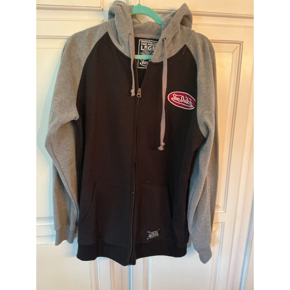 Von Dutch Kustom Built Zip Up Hoodie Black Gray Raglan Y2K Streetwear Mens XL